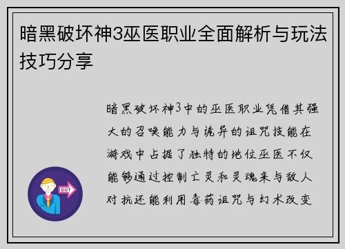暗黑破坏神3巫医职业全面解析与玩法技巧分享 
